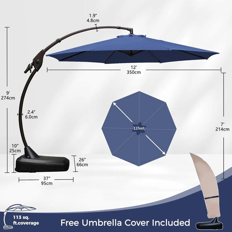 Grand patio 12FT Outdoor Offset Umbrella with Base & Cover Patio Aluminum Round Cantilever Umbrella for Garden Deck Poolside (Navy Blue, 12 FT) by GreenHaven Gardens