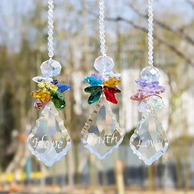 H&D HYALINE & DORA Glass Crystal Rainbow Angel Ornament Chakra Hanging Suncatcher Window Sun Catcher with Baroque Maple Leaf Pendant for Gift, Pack of 3 by GreenHaven Gardens