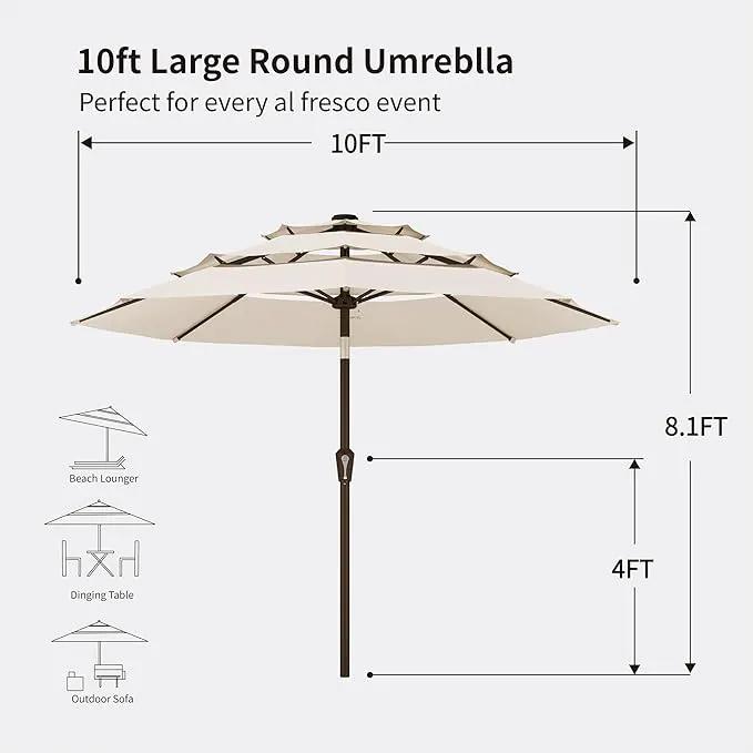 Kingdura 10ft 3-Tier Patio Umbrella, Outdoor Table Umbrella with Easy Crank & Tilt, 8 Reinforced Ribs, UV Protection for Deck, Pool, Market, Backyard (Beige) by GreenHaven Gardens