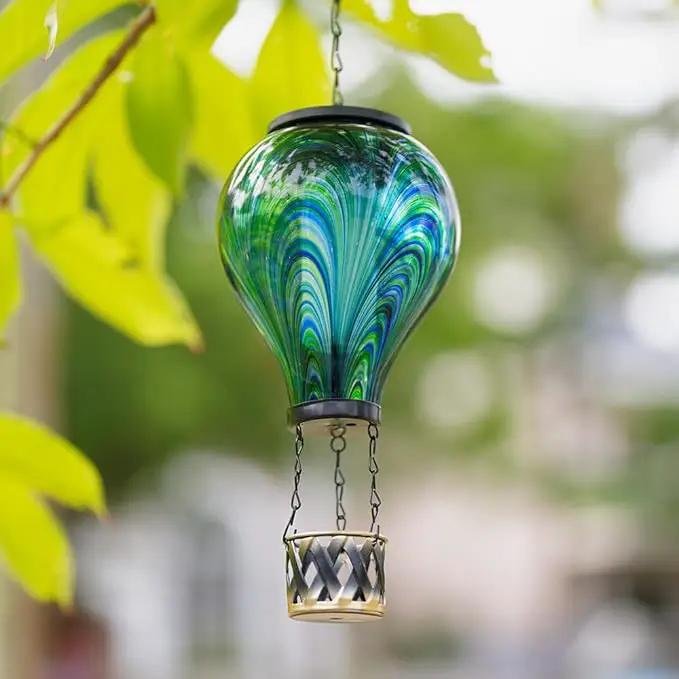 Starsoul Hot Air Balloon Solar Lantern Flickering Flame Light Tie-Dye Style Glass Solar Powered Hot Air Balloon Lamp Hanging Outdoor Lantern Waterproof Decor for Patio, Garden, Porch by GreenHaven Gardens