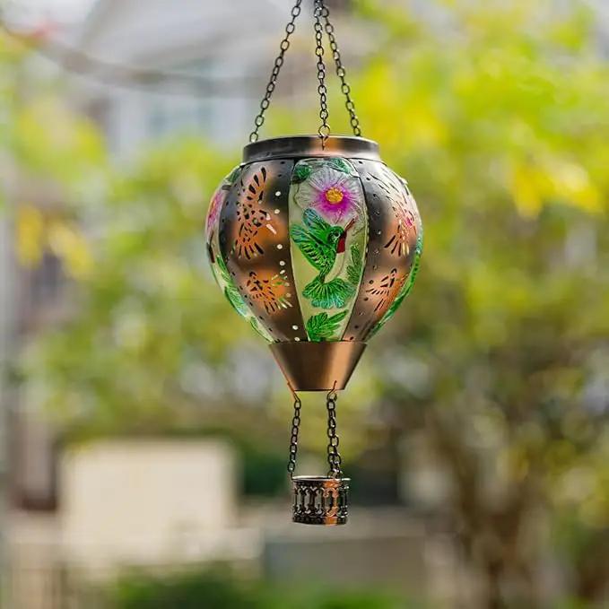 Starsoul Hummingbird Hot Air Balloon Solar Lantern Metal & Glass Solar Hot Air Balloon Hanging Garden Light Waterproof Outdoor Lantern for Patio Yard Party Decorations by GreenHaven Gardens