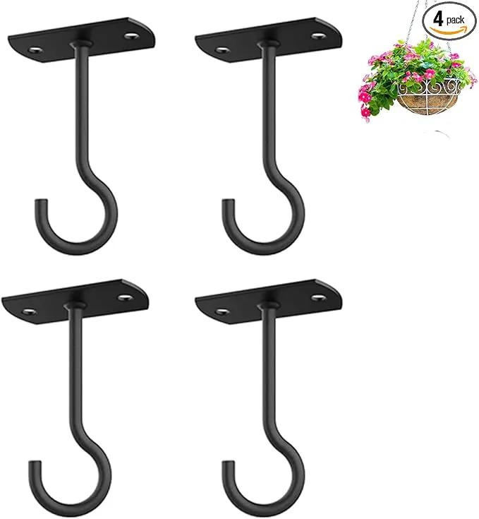 Ceiling Hooks for Hanging Plants 4Pack 4in for Plants,Lights,Planters,Lanterns,Hanging Bird Feeders,Wind Chimes,Indoor&Outdoor Decoration Hooks Black by GreenHaven Gardens
