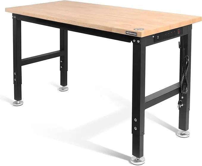 WORKPRO 48" Adjustable Workbench, Rubber Wood Top Heavy-Duty Workstation, 2000 LBS Load Capacity Hardwood Worktable with Power Outlets, for Workshop, Garage by GreenHaven Gardens