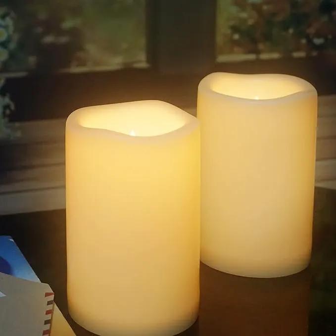 CANDLE CHOICE Waterproof Outdoor Battery Operated Flameless Candles with Timer Large Plastic Resin Bright Flickering Electric LED Pillars Lantern Garden Wedding Christmas Decorations 4”(D)x6”(H) 2 PCS by GreenHaven Gardens