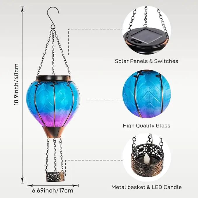 Starsoul 2 PC Blue Hot Air Balloon Solar Lantern with Flame Glass Hanging Outdoor Hot Air Balloon Solar Light Waterproof Garden Patio Yard Party Decorations by GreenHaven Gardens