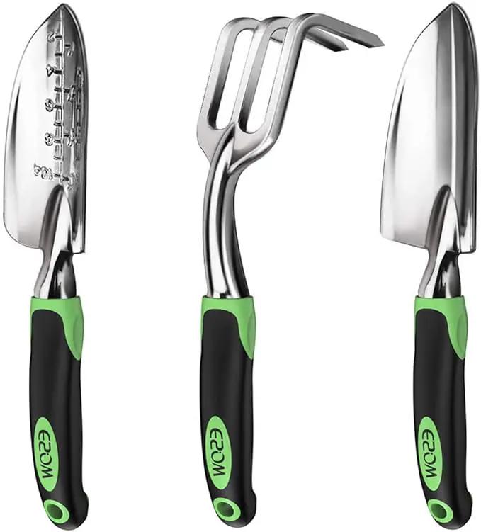 ESOW Garden Tool Set, 3 Piece Cast-Aluminum Heavy Duty Gardening Kit Includes Hand Trowel, Transplant Trowel and Cultivator Hand Rake with Soft Rubberized Non-Slip Ergonomic Handle, Garden Gifts by GreenHaven Gardens