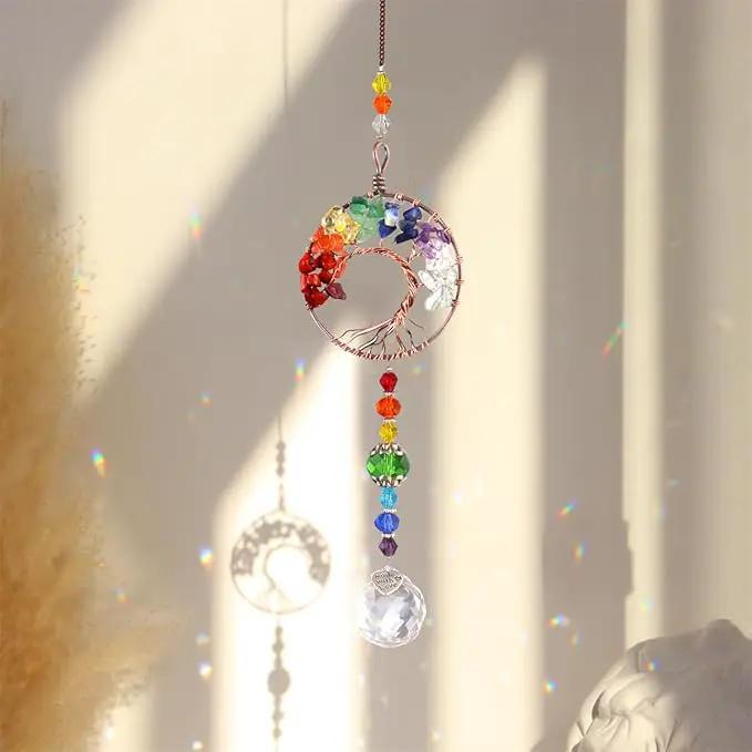 3pcs Rainbow Chakra Crystal Suncatcher Windows Hanging Tree of Life Sun Catchers Decor with Prisms for Car, Feng Shui Charms Decor for Home by GreenHaven Gardens