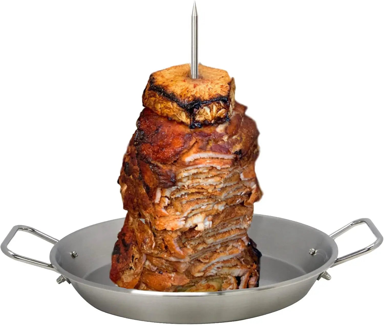 BBQ Vertical Skewer Pan Gyro Spit Stand for oven, Al Pastor Shawarma Skewer for Grill, El Pastor Hack for Tacos Al Pastor Chicken, Brazilian, Stainless Steel, with 8",10" and 12" stick by GreenHaven Gardens
