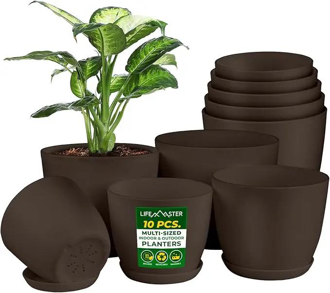 Planter Pots with Drainage Holes - Lightweight, Durable & Space-Saving Pots for Indoor and Outdoor - Versatile Functionality, Simple Modern Design, Set of 10 Plastic Planter Pots - Brown by GreenHaven Gardens