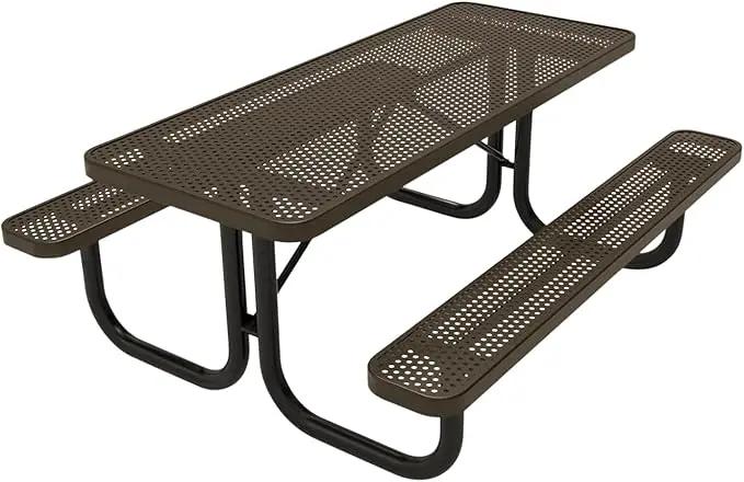 Coated Outdoor Furniture Heavy-Duty Portable Outdoor Picnic Table, Thermoplastic Coated Punched Steel Commercial-Grade Patio Dining Furniture Made in America (6ft Rectangular, Textured Brown) by GreenHaven Gardens