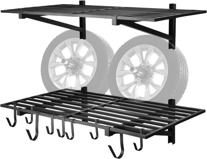 2 Pack Heavy Duty Garage Wall Shelving, 2' x 4' Wall Mount Storage Shelf, Holds 200 lbs Each, Garage Shelving Wall Mounted, Storage Rack with Hooks (Black) by GreenHaven Gardens