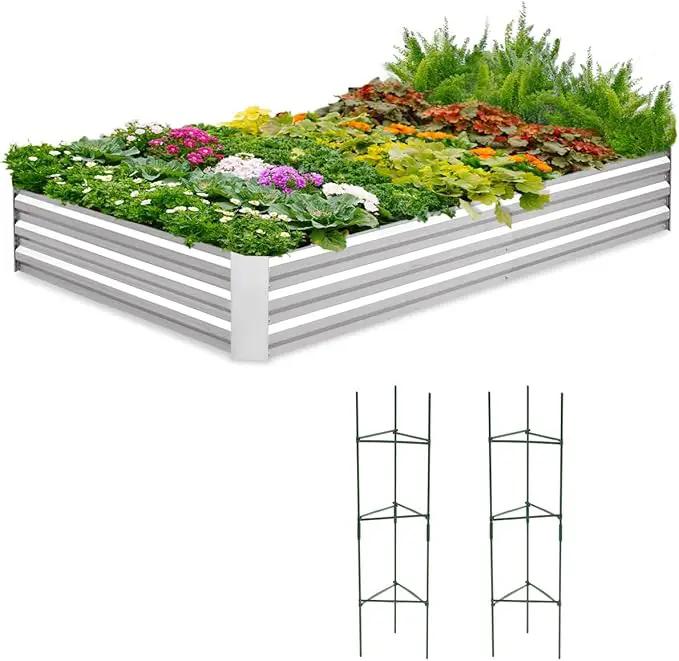Quictent Galvanized Raised Garden Bed 8x4x1 Ft Metal Planter Box for Vegetables Outdoor, Bottomless for Backyard, 2 Tomato Cages Included (Silver) by GreenHaven Gardens