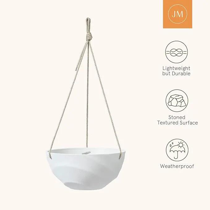 La Jolie Maison 10 Inch Hanging Planters for Indoor Plants, Outdoor Garden Planter Pots with Self-Watering Tray, Eggshell White, Set of 2 by GreenHaven Gardens