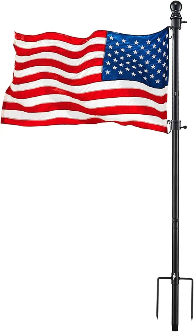 Black Flag Poles for Outside House inground - 8.5FT Metal Outdoor Yard House in Ground Flag Pole Holder for Porch with 2 Pronges Base - 3x5FT American Flag with Pole for House by GreenHaven Gardens
