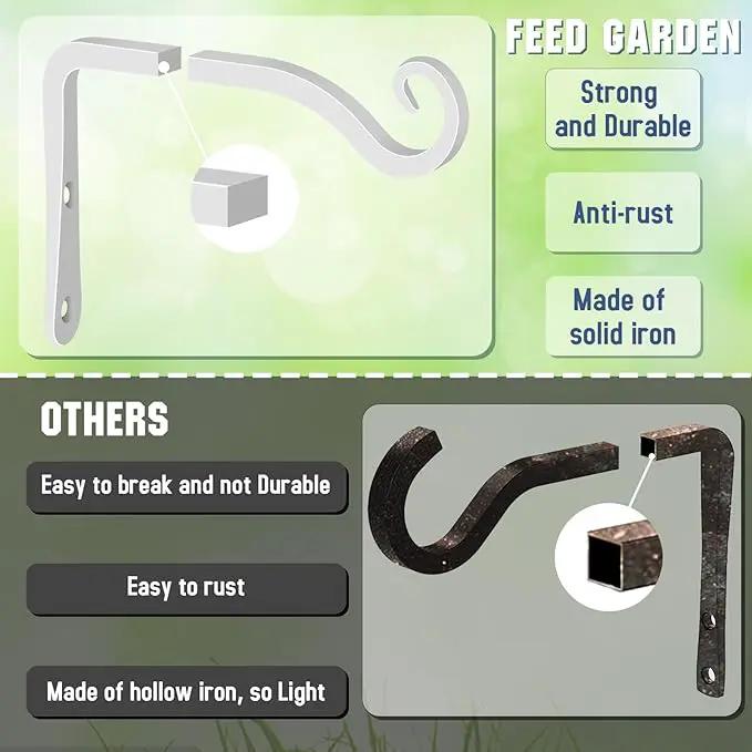 FEED GARDEN Hand-Forged Hanging Plant Bracket Iron Wall Hook for Hanging Bird Feeders, Wind Chimes, Flower Baskets, Lanterns, Yoga Mat, Indoor/Outdoor Use (6 Inch 2 Pack, White, with 4 Screws) by GreenHaven Gardens