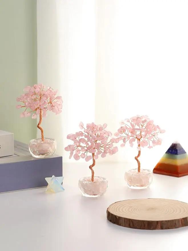 Jovivi Small Rose Quartz Crystal Tree, Natural Crystal Healing Stones Tree Glass Bowl Base Gemstone Money Trees Feng Shui Good Luck Home Desk Decor by GreenHaven Gardens