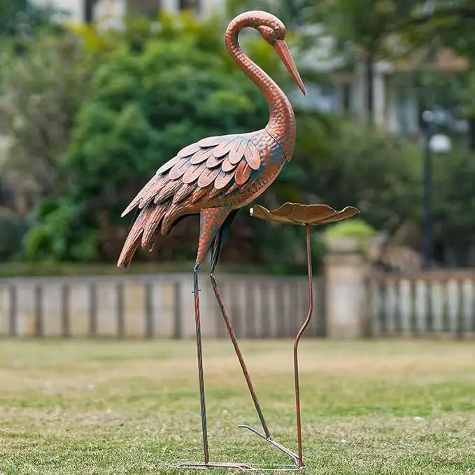Crane Garden Statue, 42'' Heron Outdoor Statue with Birdbath, Large Crane Bird Metal Yard Art for Lawn Porch Backyard Patio Decor (Brown) by GreenHaven Gardens