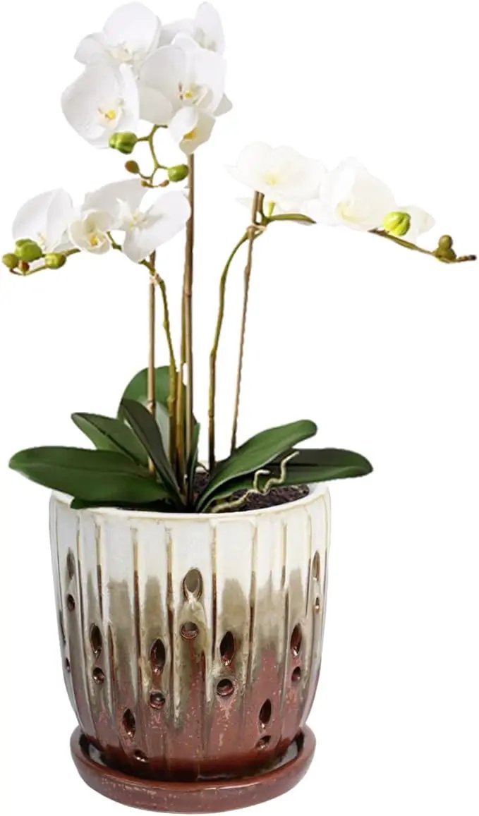 vensovo 6 Inch Ceramic Orchid Pot - Orchid Pot with Holes for Repotting, Ceramic Planter with Saucer for Indoor/Outdoor Plants, Brown by GreenHaven Gardens