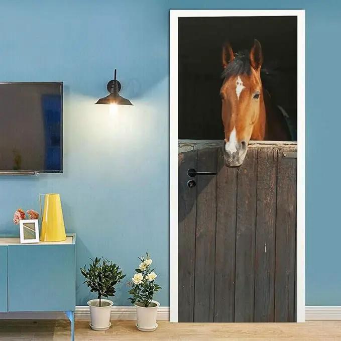 Horse 3D Door Stickers Murals - Peel & Stick - Waterproof & Washable - Matt Finish - Rustic Style - Animal Print - Rectangular - 33.9" x 78.7" - 2 Pieces by GreenHaven Gardens