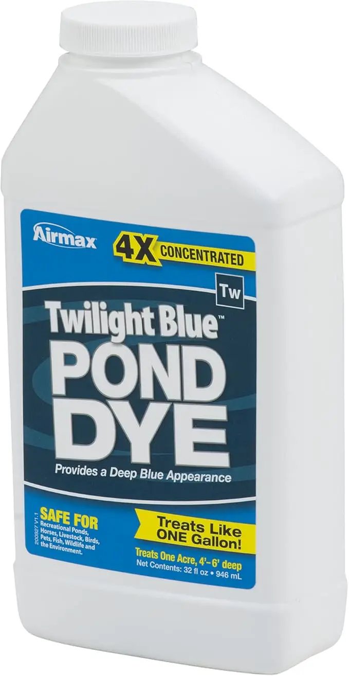 Airmax Twilight Blue Pond Dye 4X Concentrate for Outdoor Ponds & Lakes, Natural Pond Colorant & Beauty Enhancer, Block Ultraviolet Rays, Fish, Bird & Livestock Safe, Easy Liquid Application,1 Quart by GreenHaven Gardens