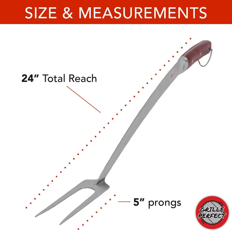 Grill Fork 24-inch Super Long for Grilling Barbecue Griddle and Fire Pit Extra Strong Curved Neck Premium Hardwood Handle Large Stainless Steel Tines for BBQ Outdoor Kitchen and Grilled Food by GreenHaven Gardens