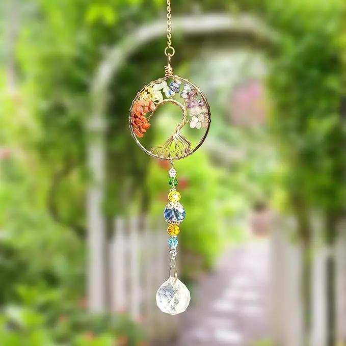 3pcs Tree of Life Chakra Crystal Suncatcher Windows Hanging Gloden Sun Catchers Decor with Prisms for Car, Feng Shui House Warming Gift for Home by GreenHaven Gardens