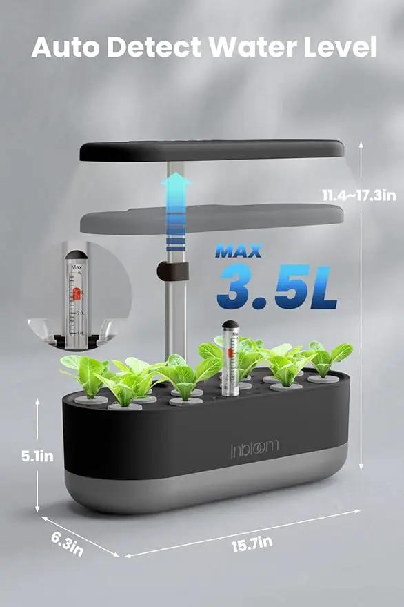 inbloom 12 Pods Hydroponics Growing System Kit, Herb Garden Planter Indoor Kit, Indoor Gardening Hydroponics Growing System with Pods, 4.2L Water Pump, Height Adjustable, Gifts for Woman, Black by GreenHaven Gardens