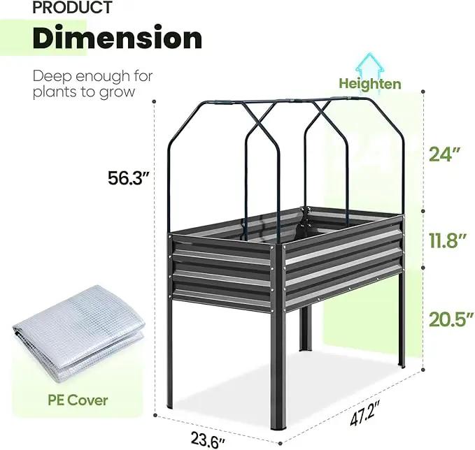 KING BIRD Large Raised Garden Bed with Cover Galvanized Elevated Planter Box with Legs 48×24×56 in for Backyard, Patio, Balcony, 400lb Capacity, Dark Grey by GreenHaven Gardens