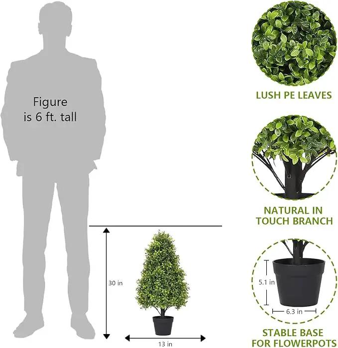 30" Artificial Boxwood Faux Plants Outdoor, UV Resistant Topiary Trees Realistic Cone-Shaped Fake Bushes and Shrubs Potted Fakeplants Set of 2 for Front Porch Patio Outside Planter Decor by GreenHaven Gardens