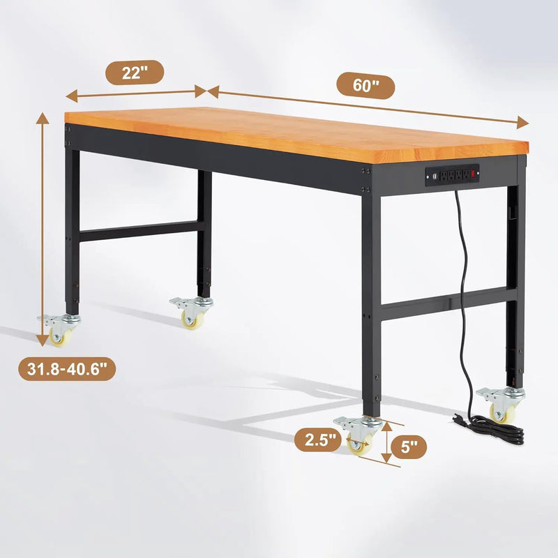 HABUTWAY Height Adjustable Workbench with Wheels 60" 2000 Lbs Capacity Solid Wood Work Station Heavy-Duty Rolling Work Tables for Garage Party Shop Office by GreenHaven Gardens