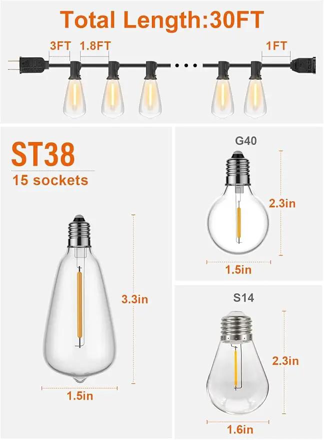 Gpatio 30ft Waterproof Patio Lights With 16 Dimmable Hanging Lights Globe ST38 Bulbs, 2700k Shatterproof Connectable For Backyard Gazebo Porch Garden Commercial Outside Decor by GreenHaven Gardens