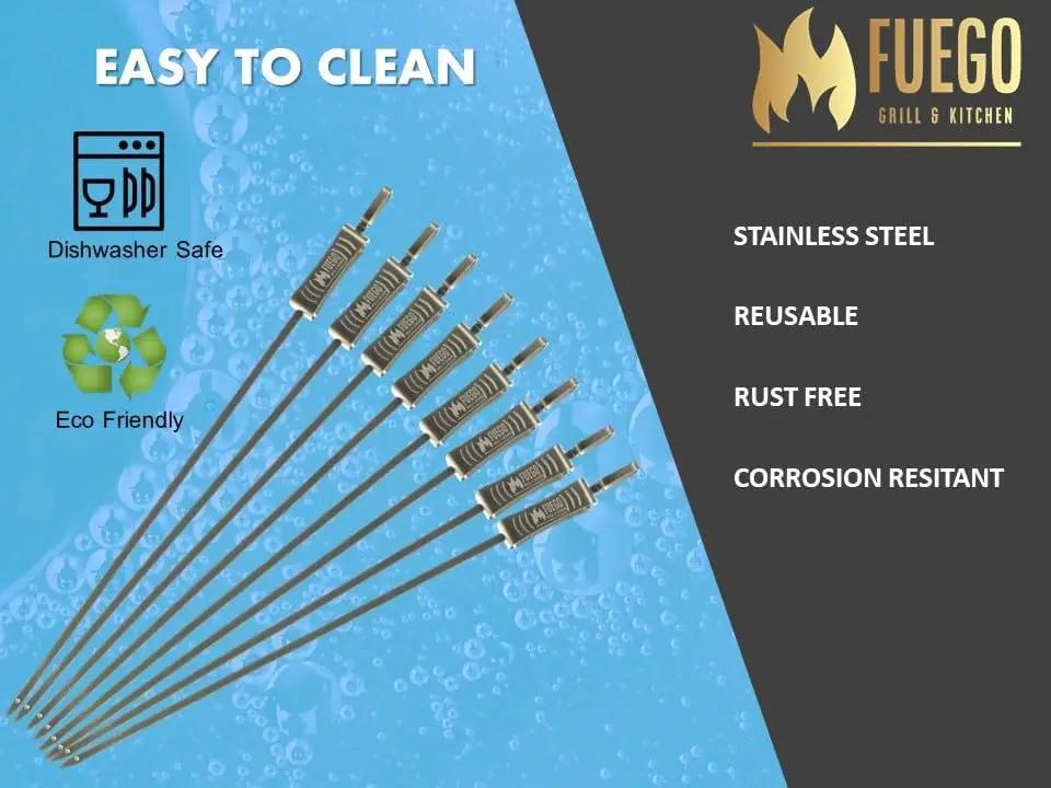 Fuego Skewers for Grilling - 17" Stainless Steel Flat Blade with Push Slider | Reusable & Dishwasher Safe | BBQ Skewers and Shish Kabob | Set of 8 by GreenHaven Gardens