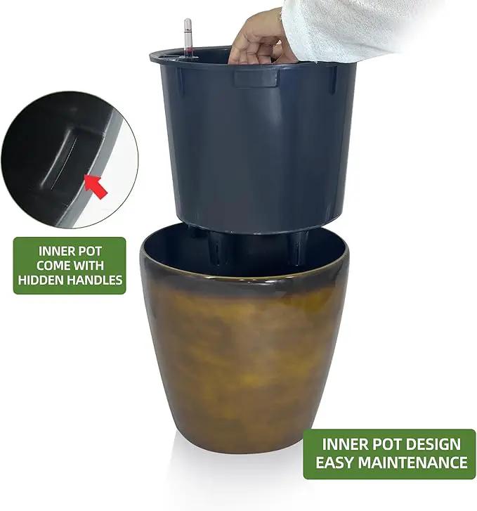 Dexceder 13x12 Self Watering Planter with Wheels Indoor Outdoor, Inner Pot Design, Thickened Large Floor Standing Flower Plant Pot with Water Level Indicator (Yellow Brown Gradient) by GreenHaven Gardens