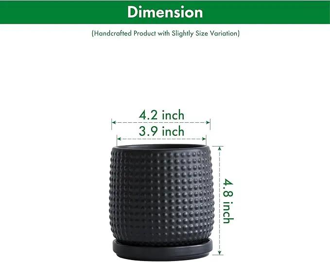 D'vine Dev 4 Inch Ceramic Beaded Stoneware Planter Pot - Flower Pot with Drainage Holes and Saucers for Indoor Succulent Plants or Flowers, Ebony Matte, 27-C-Z-6 by GreenHaven Gardens