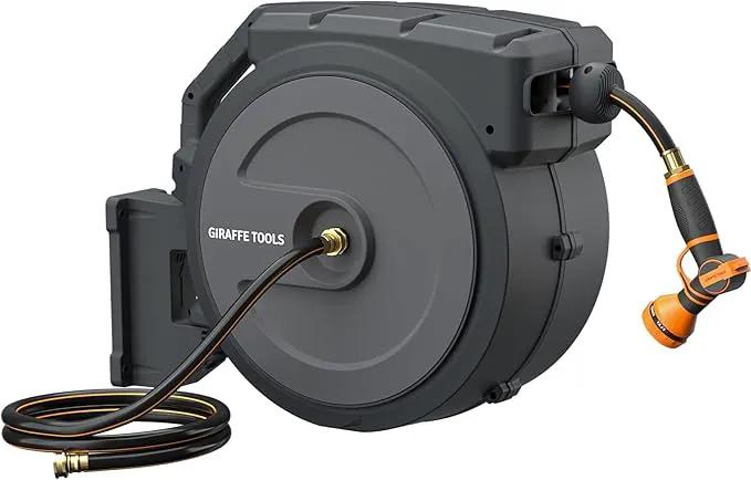 Giraffe Tools Retractable Garden Hose Reel 5/8 inch x 90 ft Hose Reels for Outside, Wall Mounted Water Hose Reel with 180 Deg Swivel Bracket, Any Length Lock, 9 Pattern Hose Nozzle by GreenHaven Gardens