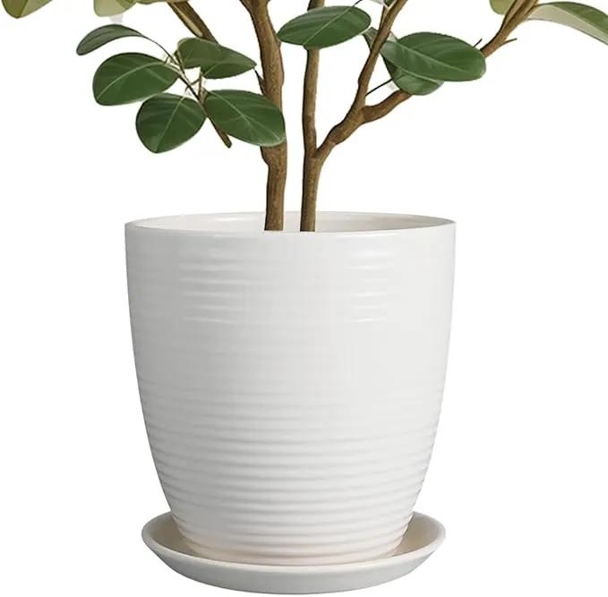 10 Inch Ceramic Planter Pot Large Plant Pot with Drainage Hole and Saucer Modern Round Flower Pot for Indoor Outdoor Plants Garden Pot White by GreenHaven Gardens