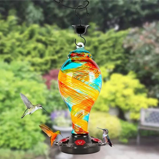 LUJII Hand Blown Glass Hummingbird Feeder for Outdoors Hanging with Ant Moat, 36 fl.oz, Leak Proof & Rustproof, Metal Base with 5 Feeding Ports & 5 Perches, Unique Garden & Backyard Decor (Ribbon) by GreenHaven Gardens