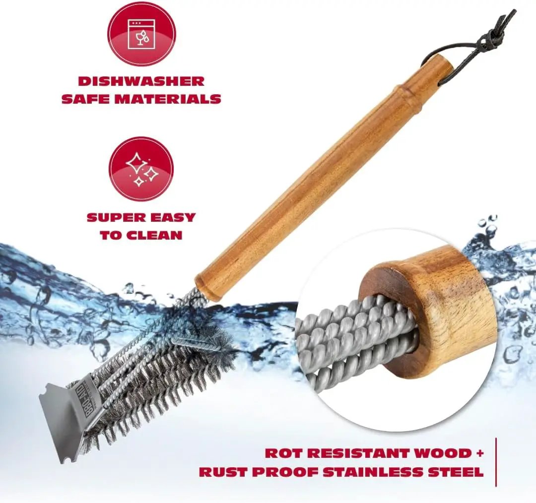 BBQ-AID All Angles BBQ Grill Brush for Outdoor Grill – Cleans All Angles, Large Wooden Handle, and Stainless Steel Bristles - BBQ Brush for Grill Cleaning – Grill Cleaner Brush Safe for BBQ and Grill by GreenHaven Gardens