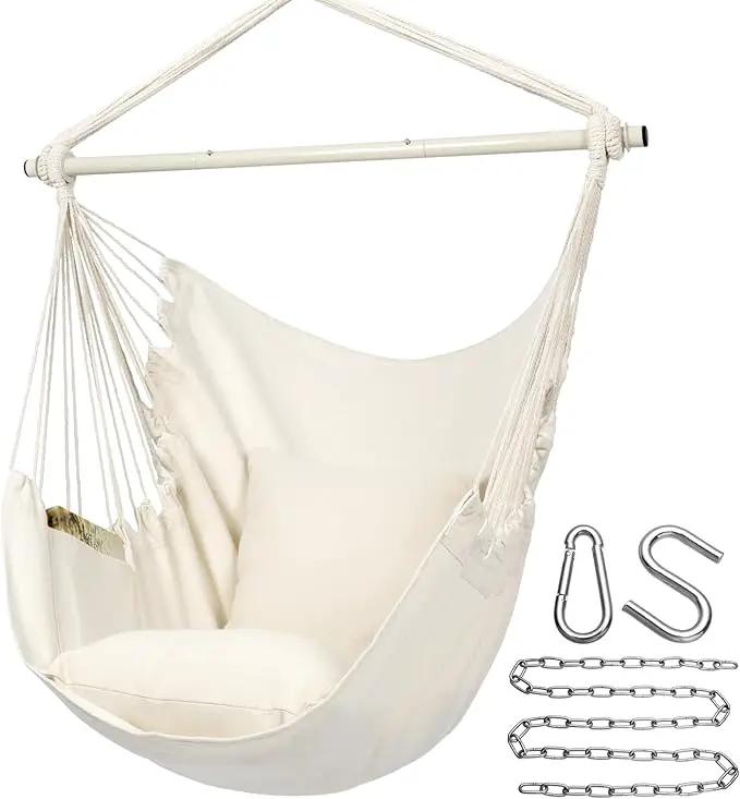 Y- STOP Hammock Chair Hanging Rope Swing Chair, Max 500 Lbs, 2 Seat Cushions Included, Removable Steel Spreader Bar with Anti-Slip Rings for Indoor or Outdoor(Beige) by GreenHaven Gardens