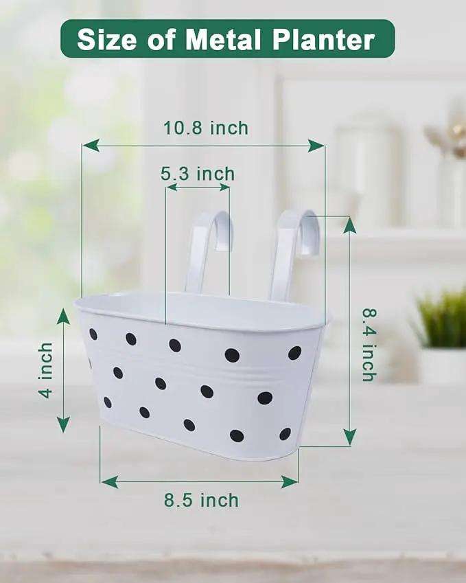vensovo Metal Railing Planter for Outdoor Plants - 3 Pack Balcony Hanging Flower Pots with Detachable Hooks and Drain Holes Oval Bucket Rail Box Fence Planters for Home Garden Decor, White with Spot by GreenHaven Gardens