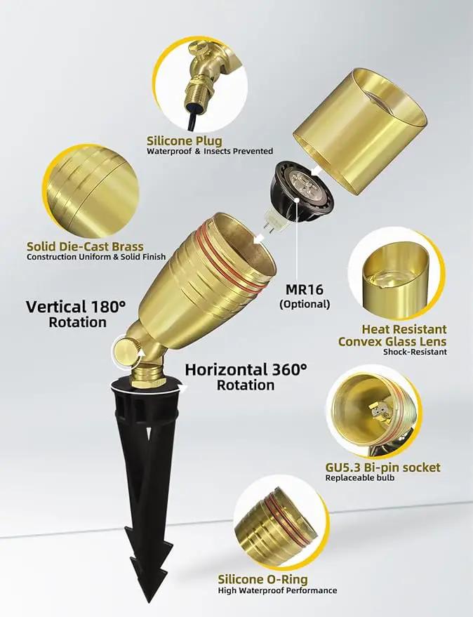 COLOER Die-cast Brass Landscape Spotlight 10-Pack Without Bulb,12V AC/DC Low Voltage Copper Outdoor Lighting with Ground Stake, Directional Garden Patio Spot Up Light (102B Brass Finish) by GreenHaven Gardens