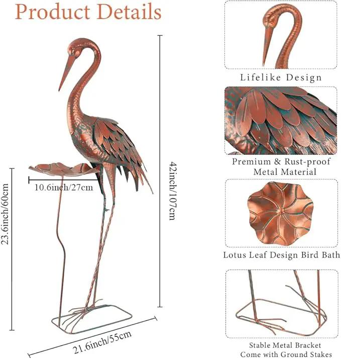 Crane Garden Statue, 42'' Heron Outdoor Statue with Birdbath, Large Crane Bird Metal Yard Art for Lawn Porch Backyard Patio Decor (Brown) by GreenHaven Gardens