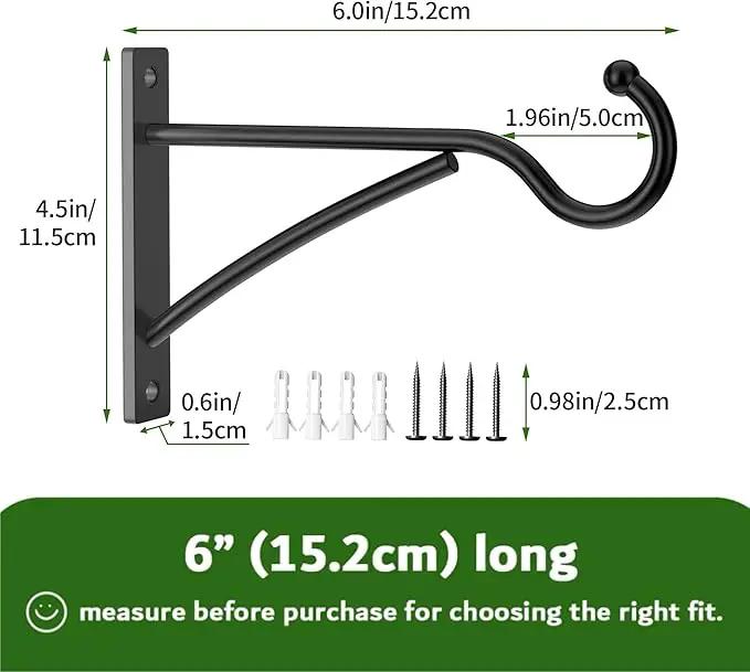 6 Inch 2 Pack Outdoor Plant Hanging Hooks for Wall:Metal Bracket for Hanging Baskets, Bird Feeders, Wind Chimes, Flower Baskets, Yoga Mat, Lanterns, Black by GreenHaven Gardens