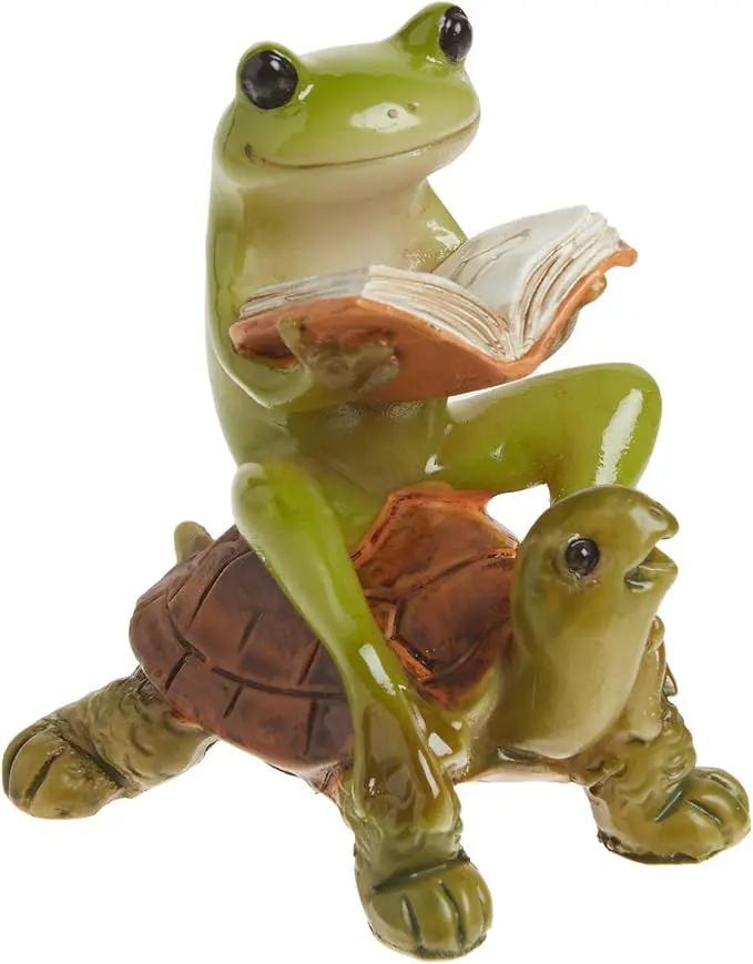 Top Collection Miniature Fairy Garden & Terrarium Frog Reading Book on Turtle Statue, Small, Green, Orange by GreenHaven Gardens