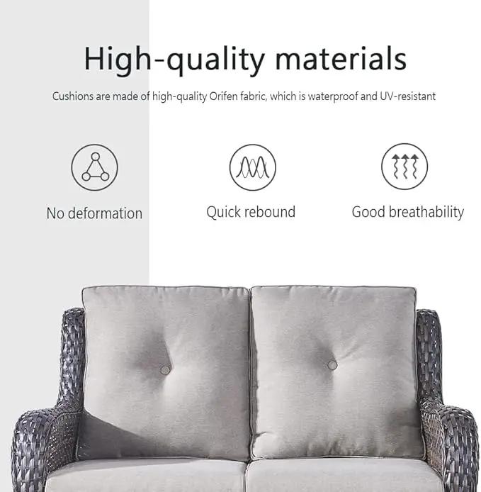 Wicker Outdoor Furniture Patio Furniture Set - 6 Piece Patio Conversation Set with Swivel Rocker Chairs, Loveseat Sofa, Ottomans and Coffee Table, Gray Cushion by GreenHaven Gardens