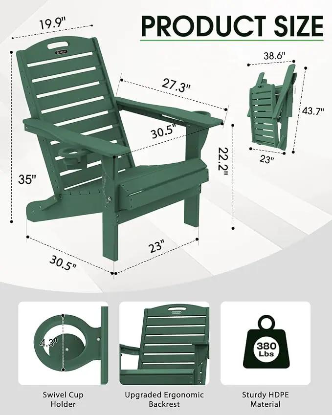 Folding Adirondack Chair HDPE All-Weather Adirondack Chairs with Cup Holder, Outdoor Fire Pit Chairs Lawn Chair for Deck Patio Garden (Green) by GreenHaven Gardens