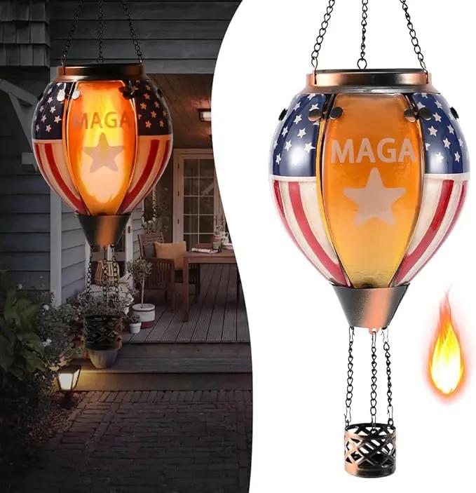 U.S Flag Hot Air Balloon Solar Lantern - MAGA Simulated Flickering Flame Stained Glass Light for Outdoor, Yard Hanging/ Waterproof IP65, Ideal 4th of July Gift for Patriot Veterans Patio Decor by GreenHaven Gardens