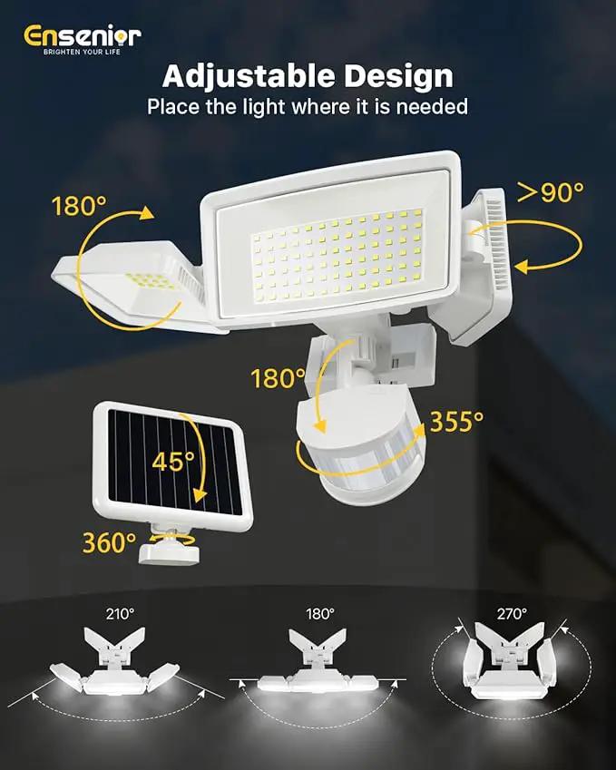Ensenior 5 Motion Sensor Modes Solar Security Light, 1800LM 270° Wide Angle 3 Heads LED Flood Lights, IP65 Waterproof Wall Lights, Separate Solar Panel Remote Control Solar Lights Outdoor by GreenHaven Gardens