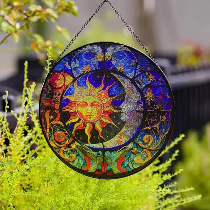 Stained Glass Suncatcher,Sun and Moon Artistic Window Hanging,7.8” Hand-Painted Glass Panel Wall Home Decor,Gift for Women Garden Decor Suncatcher (Sun and Moon), BL009 by GreenHaven Gardens