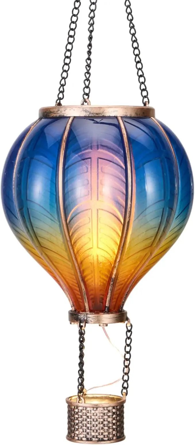 TERESA'S COLLECTIONS Hot Air Balloon Solar Lantern for Garden Decor ,Flickering Flame Hanging Solar Light for Outdoor ,Blue & Yellow Plastic Lamp for Yard Tree Gift for Mom by GreenHaven Gardens